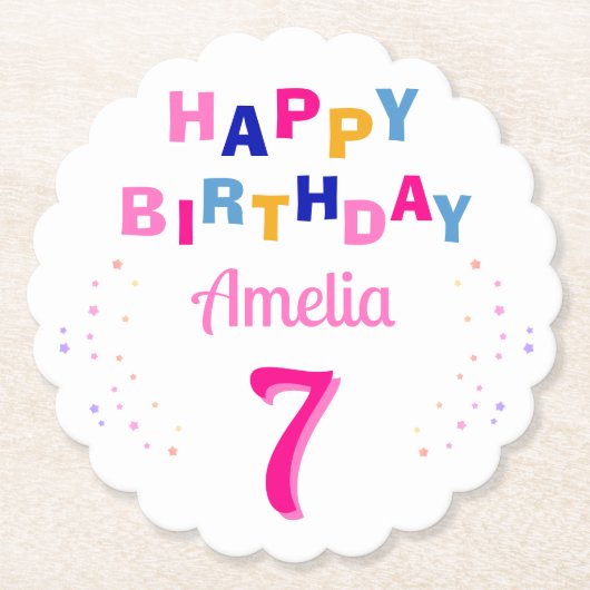 ピンクスターカラフルズガールハッピーバースデーパーティー ペーパーコースター (正面)