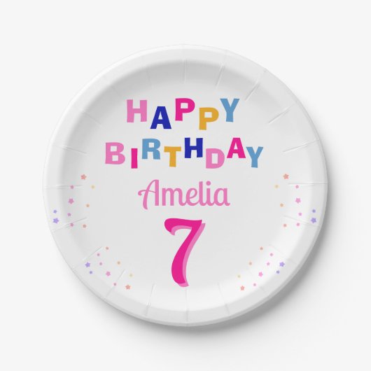 ピンクスターカラフルズガールハッピーバースデーパーティー ペーパープレート (正面)