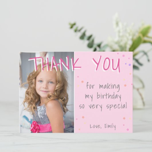 ピンクスターガーリー誕生日ありがとうフォトカード サンキューカード (スタンド正面)
