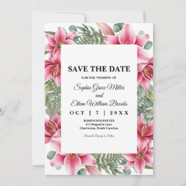 ピンクスターゲイザーリリーのフラワーブライダルSave the Date セーブザデート