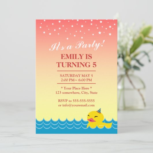 ピンクスタースタイリッシュスカイかわいいラバーダック誕生日 招待状 (スタンド正面)