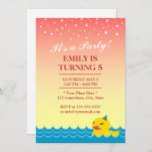 ピンクスタースタイリッシュスカイかわいいラバーダック誕生日 招待状 (正面/裏面)