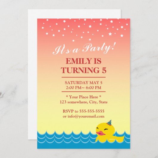 ピンクスタースタイリッシュスカイかわいいラバーダック誕生日 招待状 (正面/裏面)