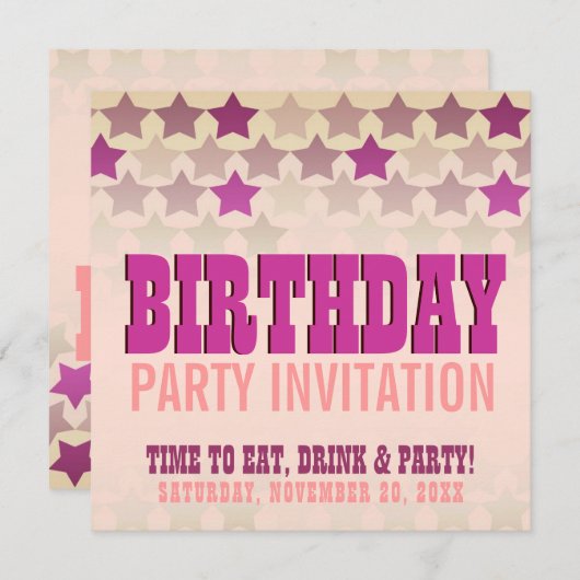 ピンクスターズカントリーギャルバースデーパーティーの招待 招待状 (正面/裏面)