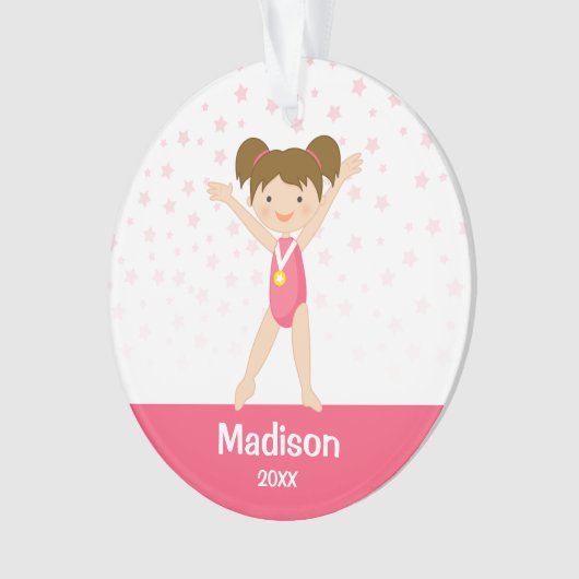 ピンクスターズブルネットガール体操パーソナライズされた会 オーナメント (正面)