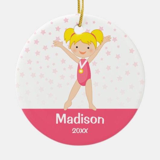 ピンクスターズブロンド·ガール体操パーソナライズされた セラミックオーナメント (正面)