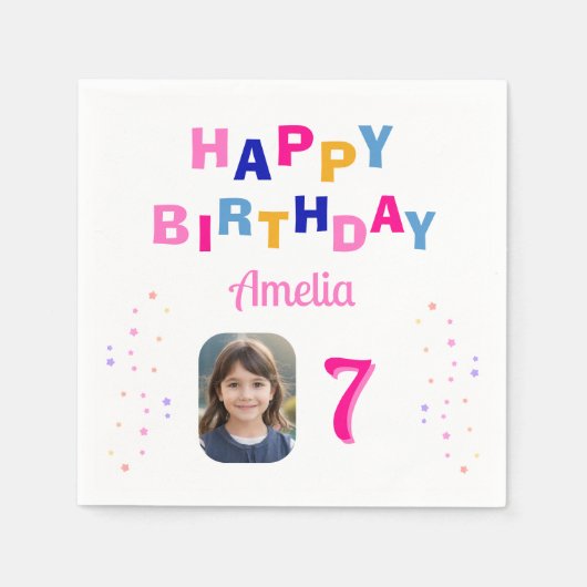 ピンクスターハッピーバースデーパーティーガールフォト スタンダードカクテルナプキン (正面)