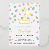 ピンクスターハートドット紙吹雪幼児キッド誕生日 箔招待状 (正面)