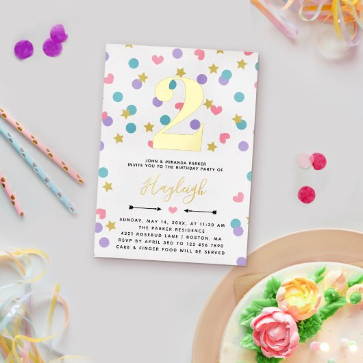 ピンクスターハートドット紙吹雪幼児キッド誕生日 箔招待状