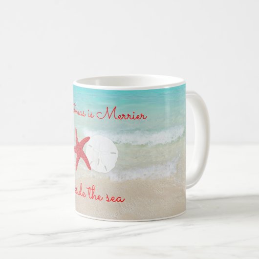ピンクスターフィッシュクリスマスビーチことわざ コーヒーマグカップ (正面右)