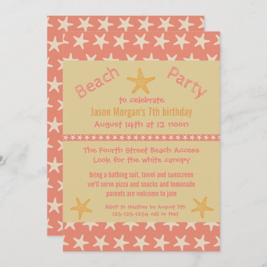ピンクスターフィッシュビーチ – 誕生日パーティーの招待 招待状 (正面/裏面)