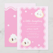 ピンクスターローブ フレーム中華まん 赤ちゃんのお披露目パーティー 招待状 (正面/裏面)