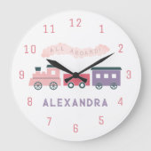ピンクスチームトレインキッズガール子供部屋時計 ラージ壁時計 (正面)