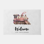 ピンクスチームトレインヴィンテージスタイルへようこそ ドアマット (正面)