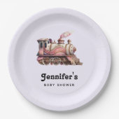 ピンクスチームトレインヴィンテージベビーシャワー ペーパープレート (正面)