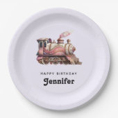 ピンクスチームトレインヴィンテージ誕生日 ペーパープレート (正面)