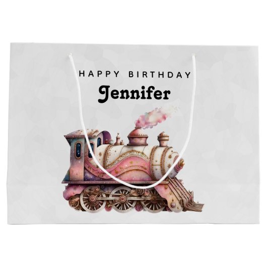 ピンクスチームトレインヴィンテージ誕生日 ラージペーパーバッグ (裏面)