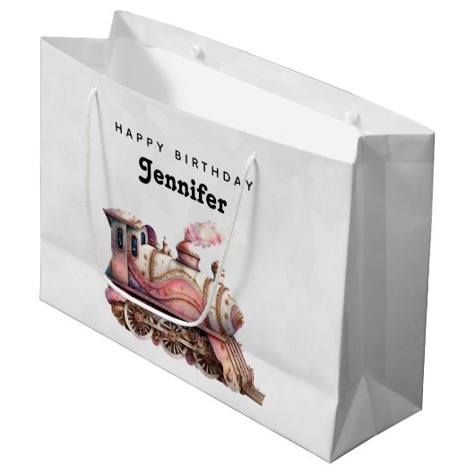 ピンクスチームトレインヴィンテージ誕生日 ラージペーパーバッグ (正面アングル)