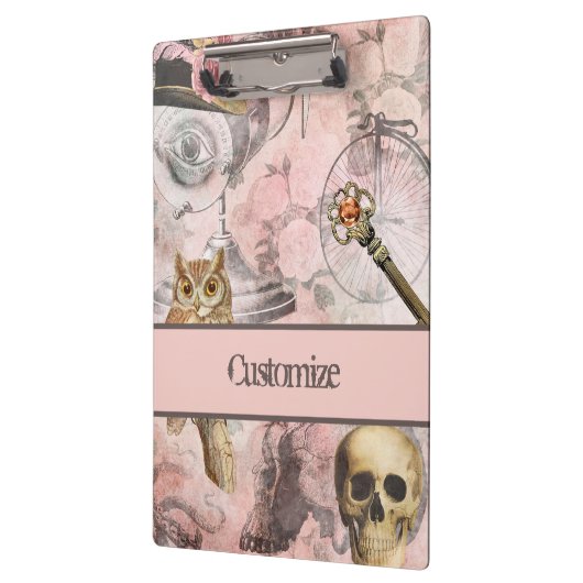 ピンクスチームパンクレトロゴシックフクロウ鍵 クリップボード (左)