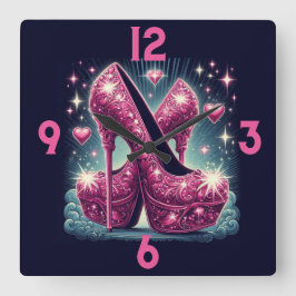 ピンクスティレットとハート スクエア壁時計