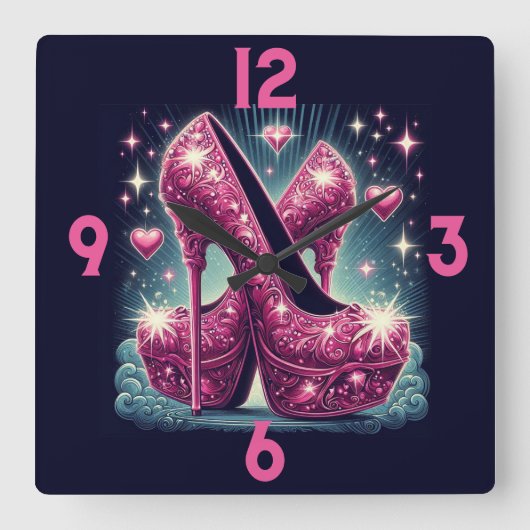 ピンクスティレットとハート スクエア壁時計 (正面)