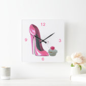 ピンクスティレット靴とさくらんぼカップケーキの壁時計 スクエア壁時計 (ホーム)