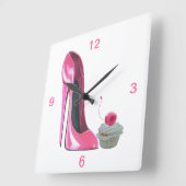 ピンクスティレット靴とさくらんぼカップケーキの壁時計 スクエア壁時計 (傾斜)