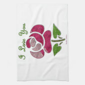 ピンクステンシルバラ私はあなたを愛 キッチンタオル (縦)