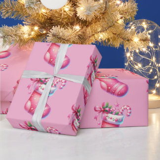 ピンクストッキング クリスマス ホリデー ラッピングペーパー