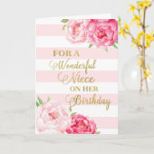 ピンクストライプとフラワー姪誕生日カード カード (黄色い花)