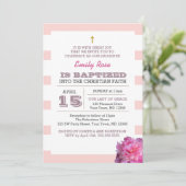 ピンクストライプと牡丹ガールバプテスマ招待状 招待状 (スタンド正面)