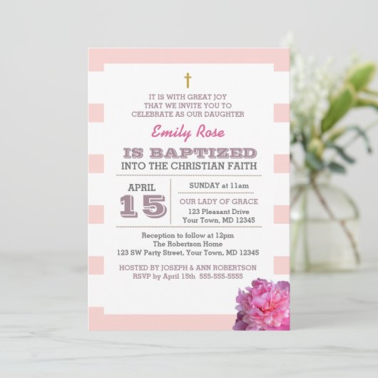 ピンクストライプと牡丹ガールバプテスマ招待状 招待状 (スタンド正面)