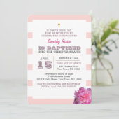 ピンクストライプと牡丹ガールバプテスマ招待状 招待状 (スタンド正面)