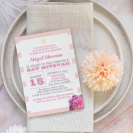 ピンクストライプと牡丹バルミツワー招待状 招待状