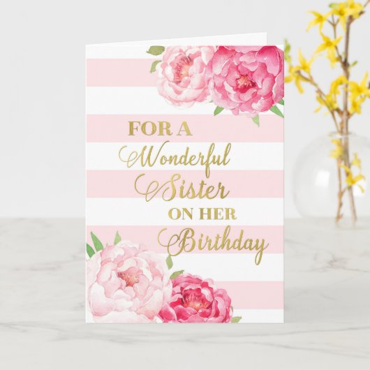 ピンクストライプと花シスター誕生日カード カード (黄色い花)