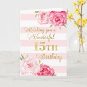 ピンクストライプと花ハッピー15誕生日カード カード (黄色い花)