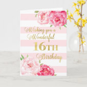 ピンクストライプと花ハッピー16誕生日カード カード (黄色い花)