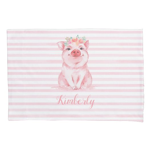 ピンクストライプのかわいい水彩画の豚 枕カバー (正面)