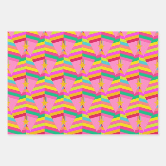 ピンクストライプのとグリーンの明るいクリスマスツリー ラッピングペーパーシート (正面3)