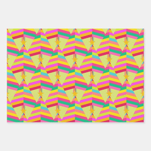 ピンクストライプのとグリーンの明るいクリスマスツリー ラッピングペーパーシート (正面2)