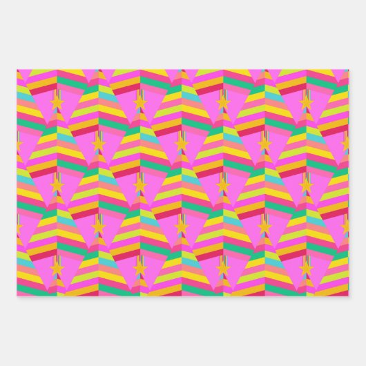 ピンクストライプのとグリーンの明るいクリスマスツリー ラッピングペーパーシート (正面)