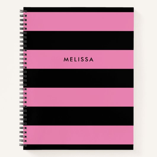 ピンクストライプのとブラックのミニマモダンリスト名 ノートブック (正面)
