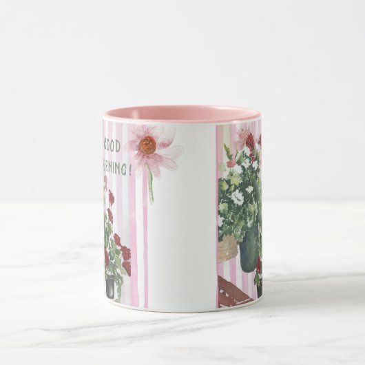 ピンクストライプのと手絵を描の水色の花   マグカップ (中央)