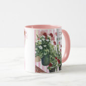 ピンクストライプのと手絵を描の水色の花   マグカップ (正面右)