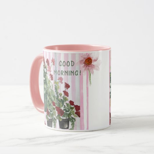 ピンクストライプのと手絵を描の水色の花   マグカップ (正面左)