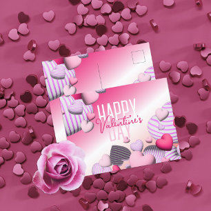 ピンクストライプのと白のハートバルーンValentine's ポストカード
