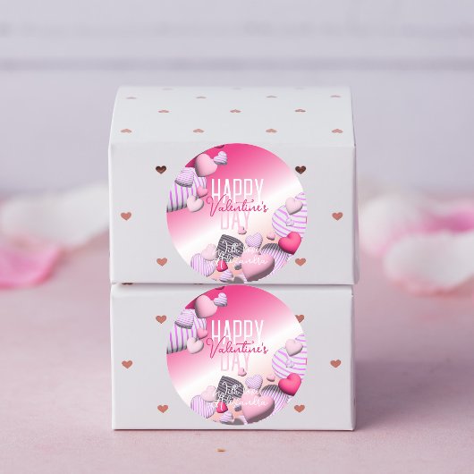ピンクストライプのと白のハートバルーンValentine's ラウンドシール
