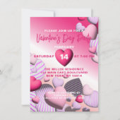 ピンクストライプのと白のハートバルーンValentine's 招待状 (正面)