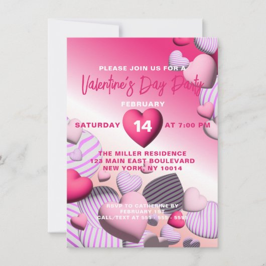 ピンクストライプのと白のハートバルーンValentine's 招待状 (正面)