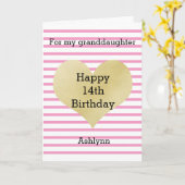 ピンクストライプのと金ゴールド14誕生日孫娘 カード (黄色い花)